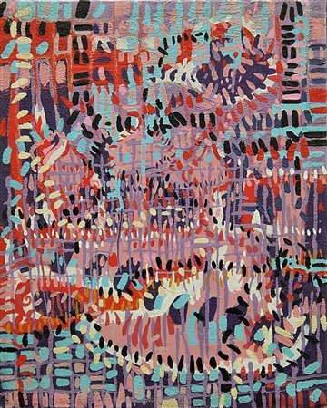 Claudio Lasagni LA CITTA' ROSA acrilico e smalto su tela, cm 50x40 firma...