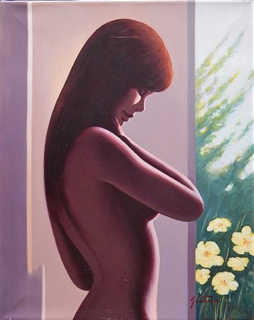 Vittorio Strano SIGNORA CON FIORI olio su tela, 50x40 firma