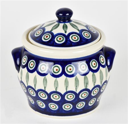 VASETTO CON COPERCHIO in ceramica decorato a motivi geometrici blu, verdi e...