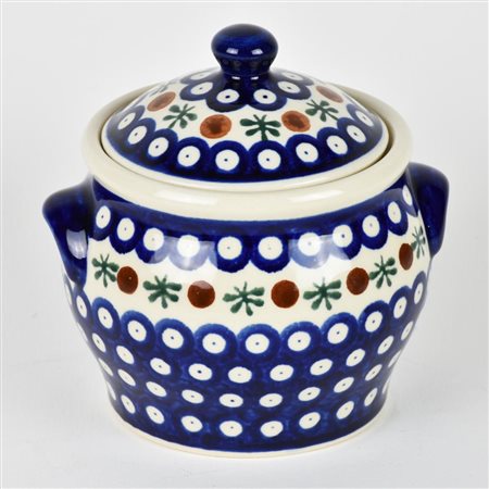 VASETTO CON COPERCHIO in ceramica decorato a motivi geometrici blu, verdi e...
