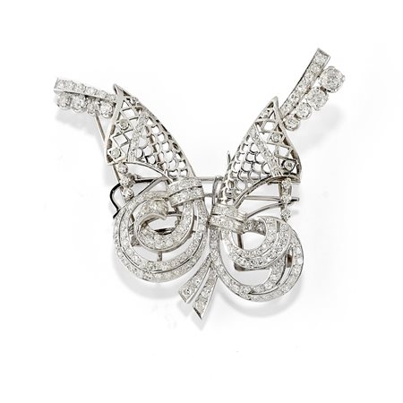 Spilla doppia-clip in oro bianco 18K e diamanti taglio vecchio e huit-huit ct 3,50