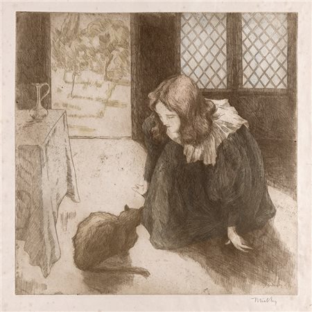 Alfredo Muller "Interno (Fillette au chat)" '97
acquatinta su carta (cm 40x40)
F