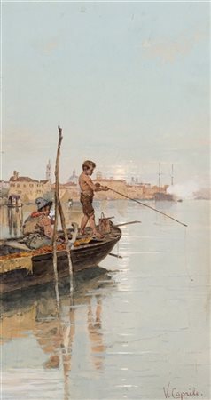 Vincenzo Caprile "Pesca in laguna" 
tecnica mista su cartoncino (cm 33x18)
Firma