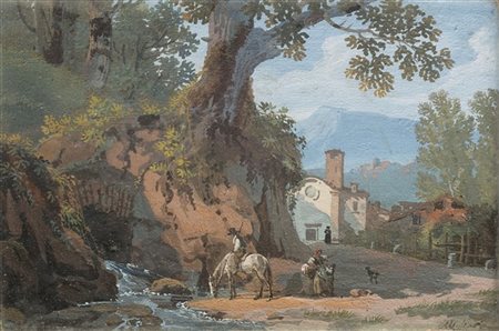 Giovanni Migliara "Viandanti" 
dipinto a tempera (cm 11x16,5)
Firmato in basso a