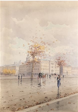 Paolo Sala "Scorcio di Milano con carrozze e passanti" 
acquerello su carta (cm