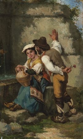 Tommaso De Vivo "Scene popolari" coppia di dipinti ad olio su tavola (cm 32x19,5