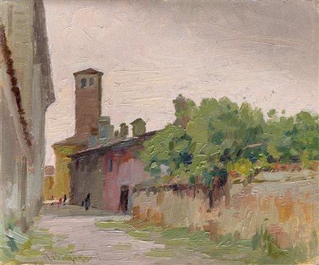 Romeo Borgognoni "Scorcio pavese" 
olio su compensato (cm 17x20)
Firmato in bass