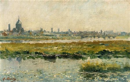 Antonio Oberto "Pavia dal Ticino" 
olio su tela applicata a cartone (cm 19,5x31)