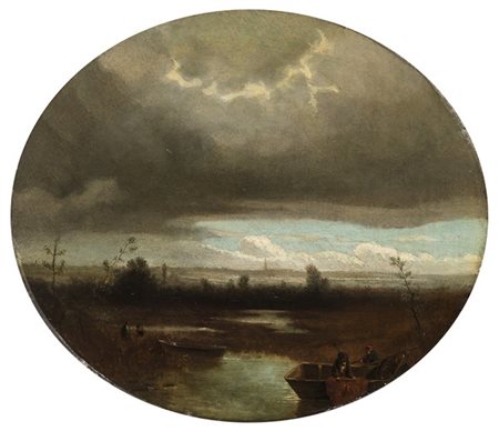 Gaetano Fasanotti (Attribuito)

"Pescatori di lago" 
olio su tela ovale (cm 43x4