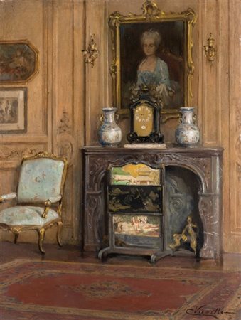 Cesare Vianello "Interno con caminetto" 
olio su compensato (cm 35x26)
Firmato i