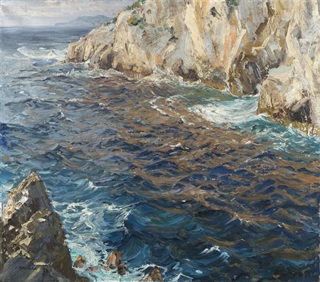 Carlo Perindani "Roccia e mare" 
olio su tela (cm 71x63)
Firmato in basso a sini
