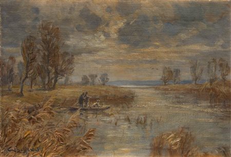 Carlo Balestrini "I cacciatori" 
olio su tela (cm 35x50)
Firmato in basso a sini