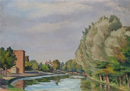 Ettore Cosomati "Paesaggio fluviale" 
olio tela applicata a faesite (cm 45x63)
S