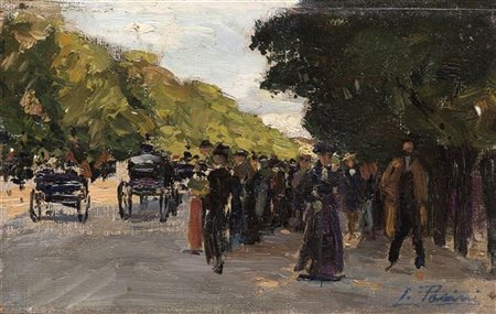 Lazzaro Pasini "Scena parigina" 
olio su tela applicata a cartone (cm 12x19)
Fir