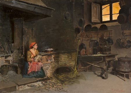 Giuseppe Costantini "Focolare domestico" 
olio su tavola (cm 28,5x41,5)
Firmato
