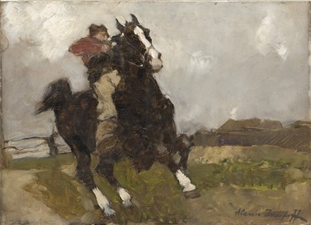 Alessio Issupoff "A cavallo" 
olio su compensato (cm 17,5x24)
Firmato in basso a