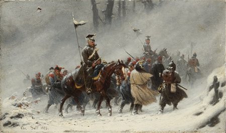 Christian Sell "Soldati prussiani nella tormenta di neve" 1879
olio su tavola (c