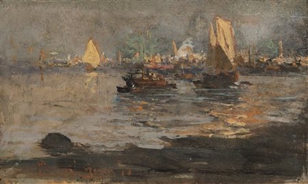 Pompeo Mariani "Porto di Genova" '92 olio su tavola (cm 14x23)Firmato , loc