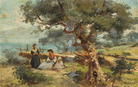 Attilio Pratella "Riposo al lago" 
olio su cartone pressato (cm 8x12,5)
Firmato