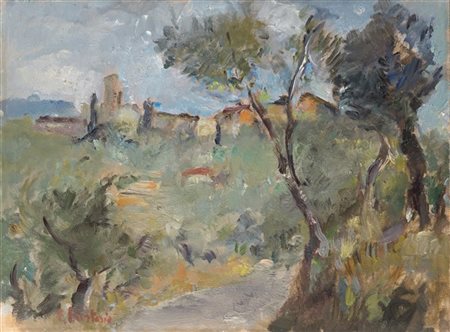 Ezio Pastorio "Paesaggio con paese sullo sfondo" 
olio su compensato (cm 30x40)