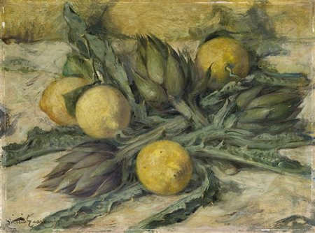 Vittorio Gussoni "Limoni e carciofi" 
olio su compensato (cm 29,5x40)
Firmato in