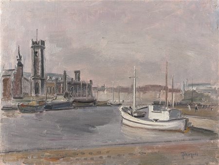 Giuseppe Flangini "Stazione marittima di Ostenda" 
olio su tela (cm 30x40)
Firma