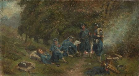 Ambrogio Preda "Soldati a riposo" 
olio su tela (cm 24x42)
Firmato in basso a de