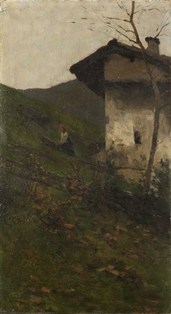 Francesco Filippini "Il casolare di montagna" olio su tela applicata a tavola (cm 49x27)Firmato