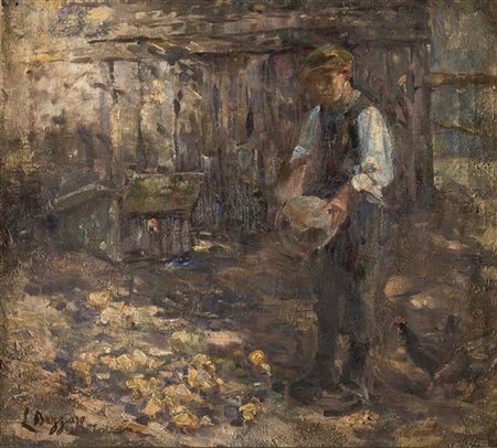 Leonardo Bazzaro "Nel pollaio" 
olio su tela (cm 38x42,5)
Firmato in basso a sin