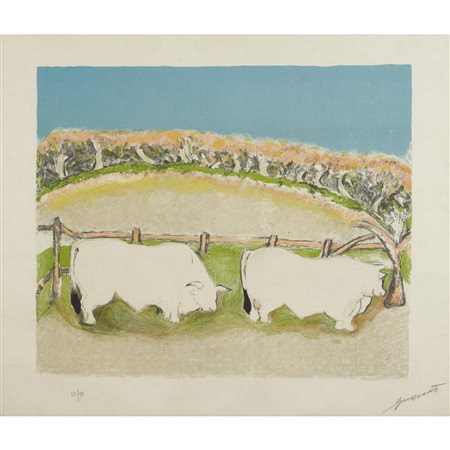 Giuseppe Cesetti Tuscania 1902 - 1990 64x74 cm. "Buoi al pascolo", 1985,...