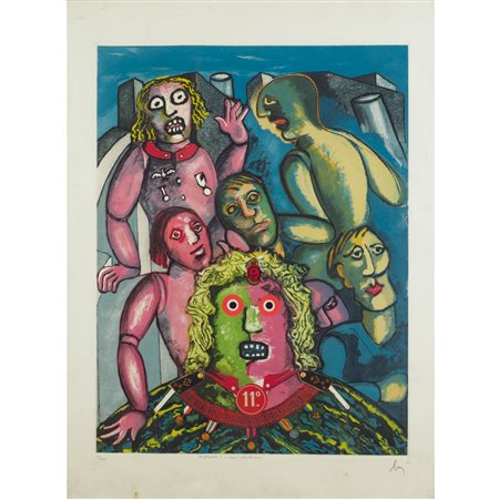 Enrico Baj Milano 1924 - Vergiate 2003 80x60 cm. "Il generale e i suoi...