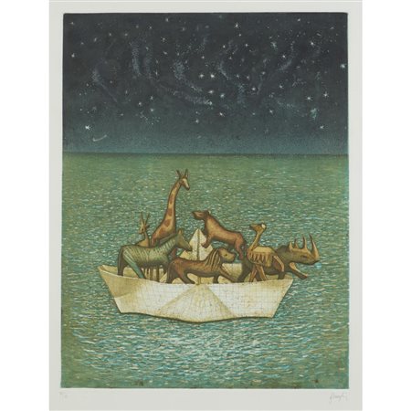Enrico Benaglia Roma 1938 70x50 cm. "L'arca di Noè", 1980, litografia a...