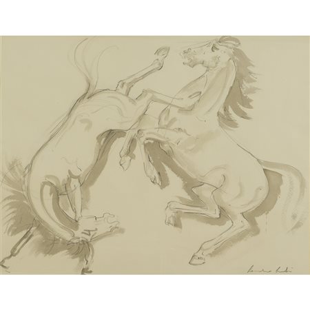Leonardo Lucchi Cesena 1952 50x65 cm. "Cavalli", acquarello su carta, firmato...