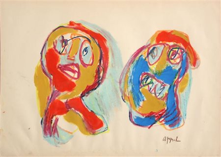 APPEL KAREL Amsterdam (Olanda) 1921 Due teste 1962 Mista su carta 50,00x70,00