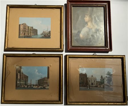 Lotto composto da tre incisioni acquerellate raffiguranti scorci di Venezia (cm