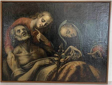 Ignoto "La morte di Giuseppe" antico dipinto ad olio su tela (cm 58x77) (difett