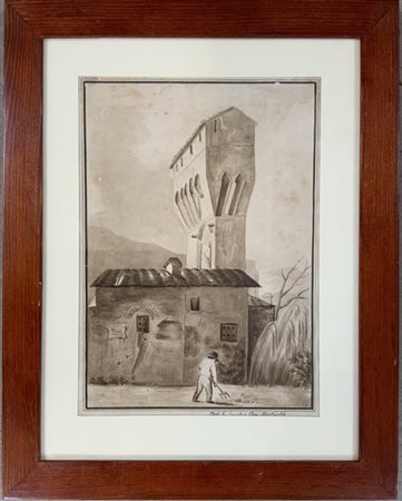 Disegno monocromo del secolo XIX con scorcio rurale, china e acquerello su cart
