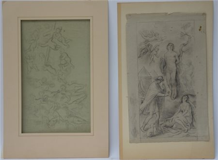 Gruppo di cinque disegni del secolo XIX a matita nera di misure e soggetti dive