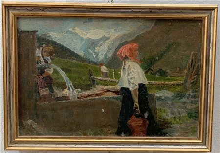 Ignoto "Alla fonte" olio su cartone pressato (cm 40x60) iscritto Bazzaro al ret