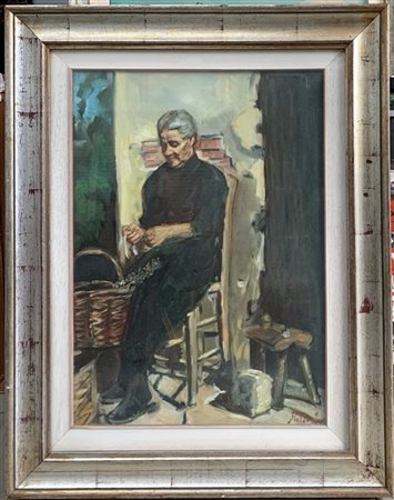 Romano Morzenti ''Signora al lavoro'' olio su tela (cm 70x50) firmato in basso