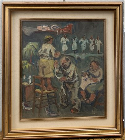 Giulio Vito Musitelli "Il sarto" olio su masonite (cm 48x42) firma incisa in bas