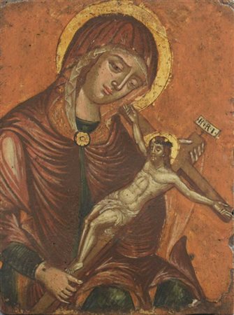 Ignoto "Madonna in adorazione del Crocifisso" antico dipinto ad olio su tavola
