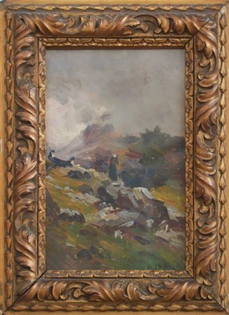 Ignoto piemontese "Paesaggio montano" olio su cartone (cm 33x21) Reca data in b