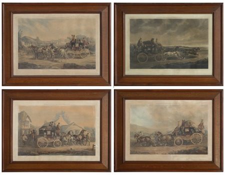 Gruppo di quattro litografie inglesi a colori del secolo XIX raffiguranti carro