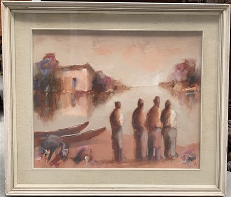 Mario Vergani "Pescatori in attesa" olio su tela (cm 50x60) firmato in basso a d