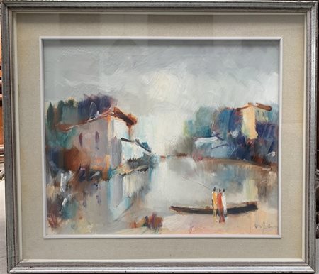 Mario Vergani "Sul fiume" olio su tela (cm 50x60) firmato in basso a destra e is