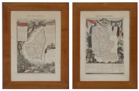 Coppia di litografie francesi a colori del secolo XIX raffiguranti carte geogra