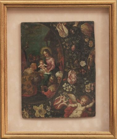 Scuola del secolo XVII "Adorazione dei Magi" frammento ad olio su tavola (cm 24
