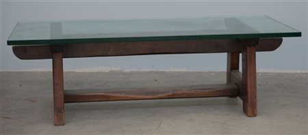 Tavolino da salotto a cavalletto in noce con piano in cristallo (cm 117x37x56)