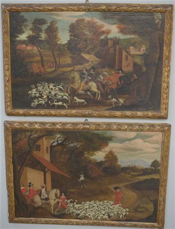 Scuola inglese "Scene di caccia" coppia di dipinti ad olio su tela (cm 61x93 e
